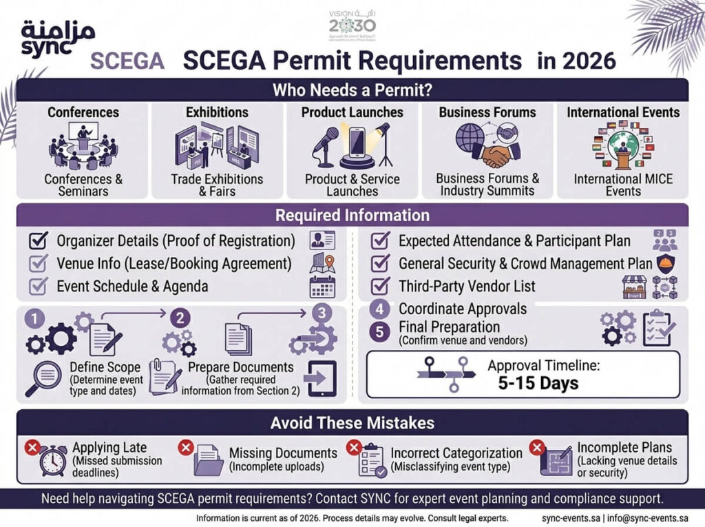 What are the SCEGA permit requirements for corporate events and conferences in Saudi Arabia in 2026?
