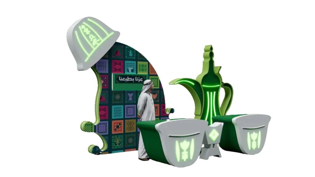 Employees participating in a Saudi National Day interactive activation zone at a corporate event Employees participating in a Saudi National Day interactive activation zone at a corporate event
