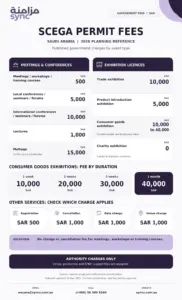 SCEGA government fees by event type in Saudi Arabia for 2026, with exhibition duration fees and service-fee exceptions.