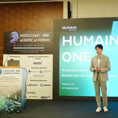 Branded stage and conference environment setup for Middle East Agentic AI Forum – event design services Saudi Arabia